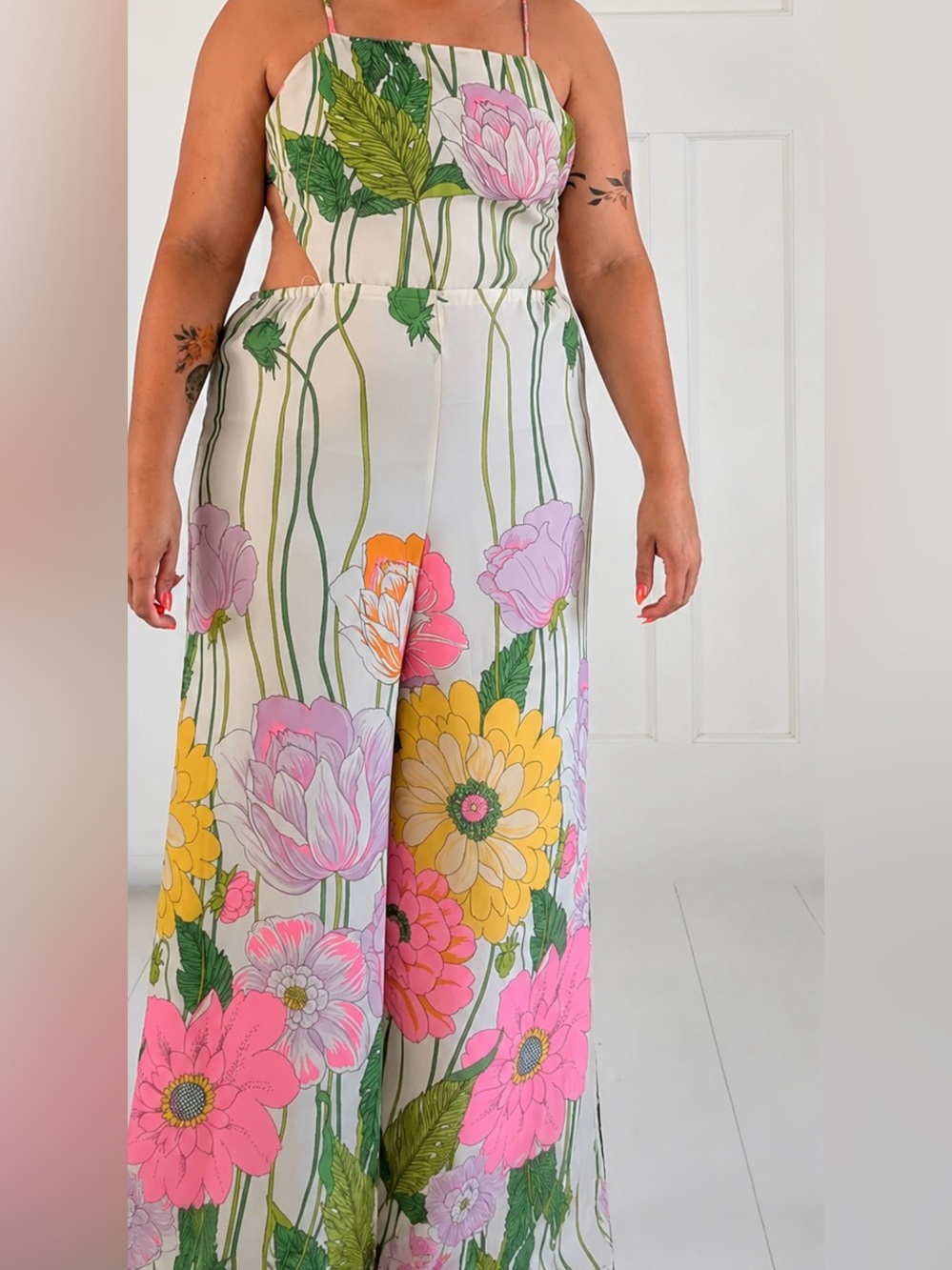 ASOS White Floral Cutout Jumpsuit with Pink, Yellow & Green Print